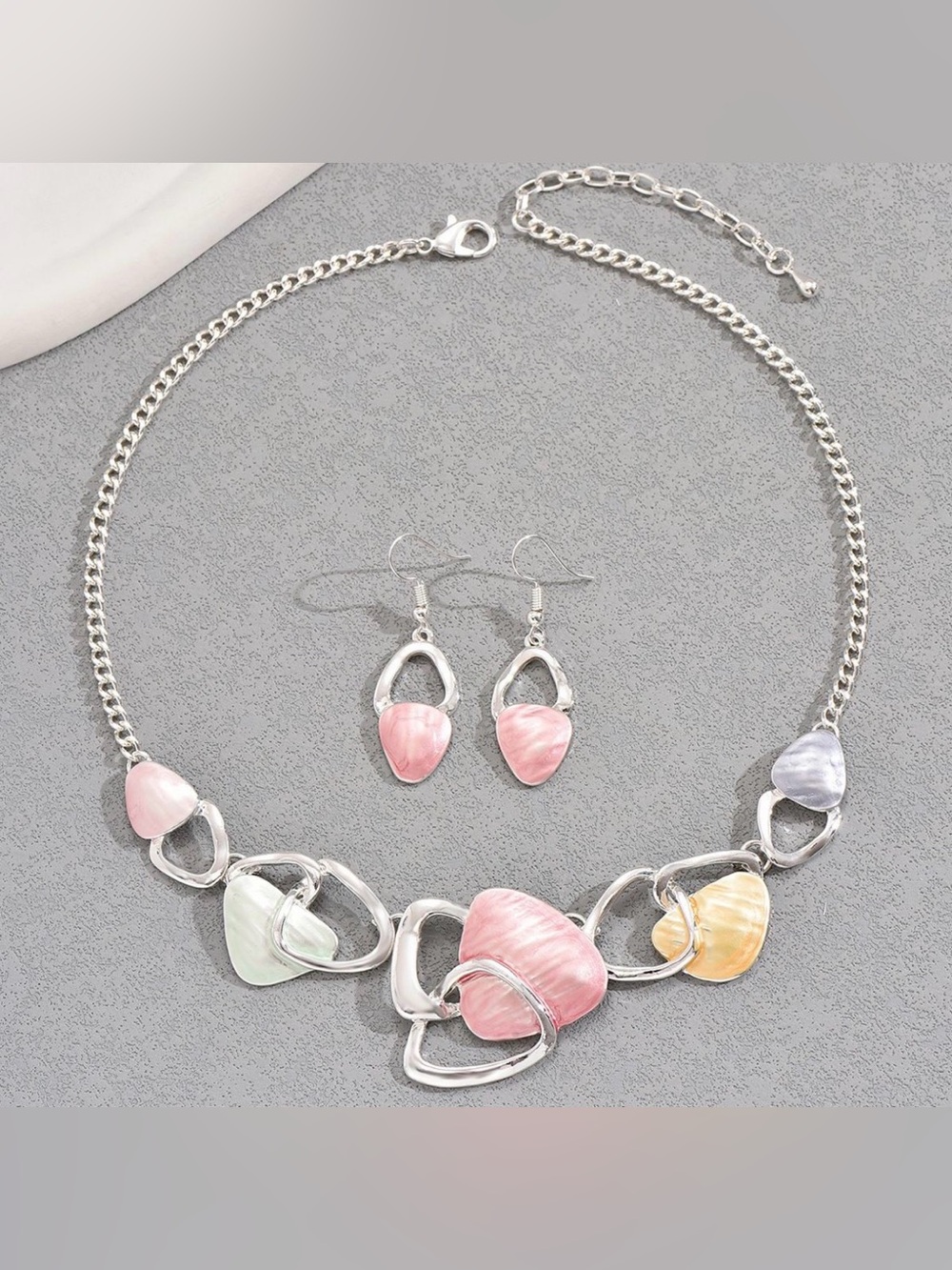 Multi-Color Shell Pendant Necklace and Earring Set - Silver Tone